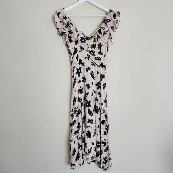 ILLA ILLA Tiered Ruffle Midi Dress L Sleeveless V-Neck Floral Boho Cream Black - Picture 2 of 9